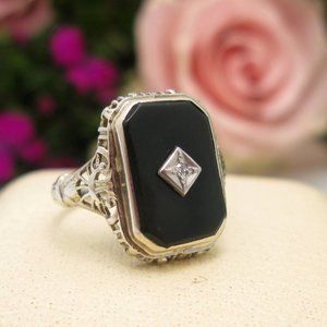 Antique Art Deco 14K White Gold Onyx Diamond Filigree Ring